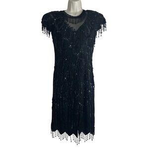Laurence‎ Kazar NY Women's Dress Black 100% Silk Sequin Beaded 80's Size S
